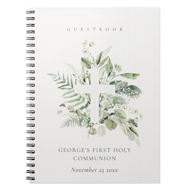 Fern Foliage Cross First Holy Communion Guestbook Notebook (Front)