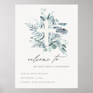 Fern Foliage Cross First Holy Communion Welcome Poster