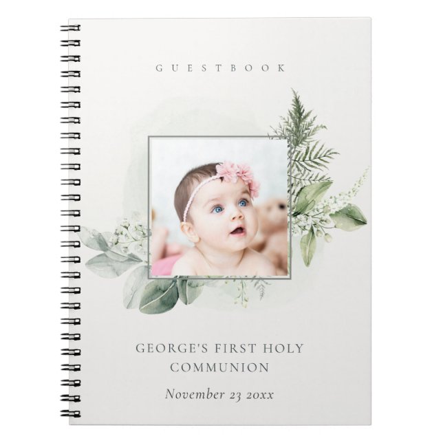 Fern Foliage Photo First Holy Communion Guestbook Notebook (Front)