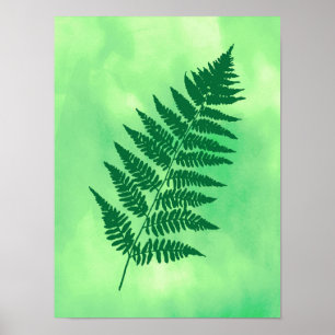 Fern Frond, Green on a Watercolor Background Poste Poster