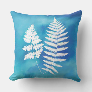 Fern Frond, White on a Blue Watercolor Background Cushion
