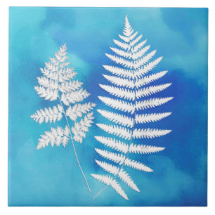 Fern Frond, White on Blue Watercolor Background  Tile