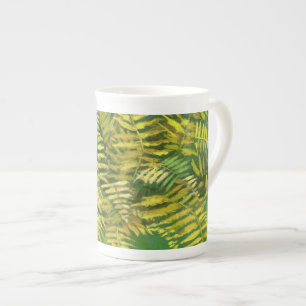 Fern, fronds, floral, green golden yellow greenery bone china mug