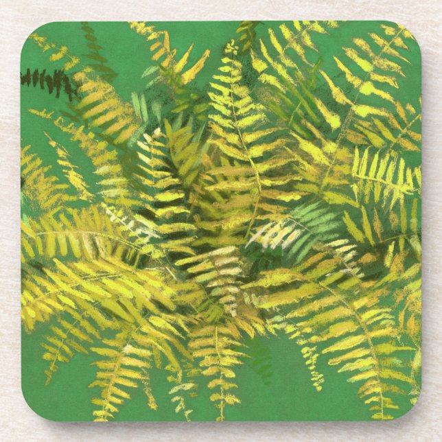 Fern, fronds, floral, green golden yellow greenery coaster (Front)