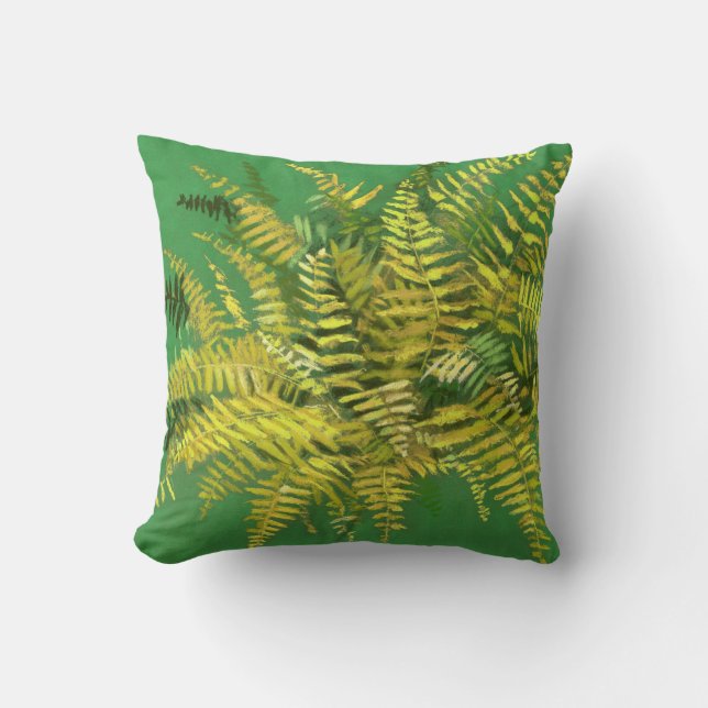 Fern, fronds, floral, green golden yellow greenery cushion (Front)