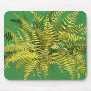 Fern, fronds, floral, green golden yellow greenery mouse mat
