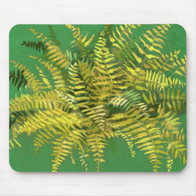 Fern, fronds, floral, green golden yellow greenery mouse mat (Front)