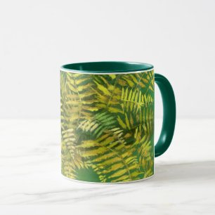 Fern, fronds, floral, green golden yellow greenery mug