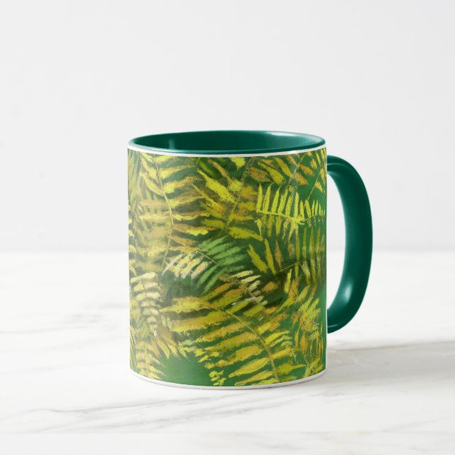Fern, fronds, floral, green golden yellow greenery mug (Front Right)