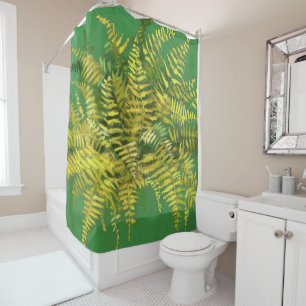 Fern, fronds, floral, green golden yellow greenery shower curtain