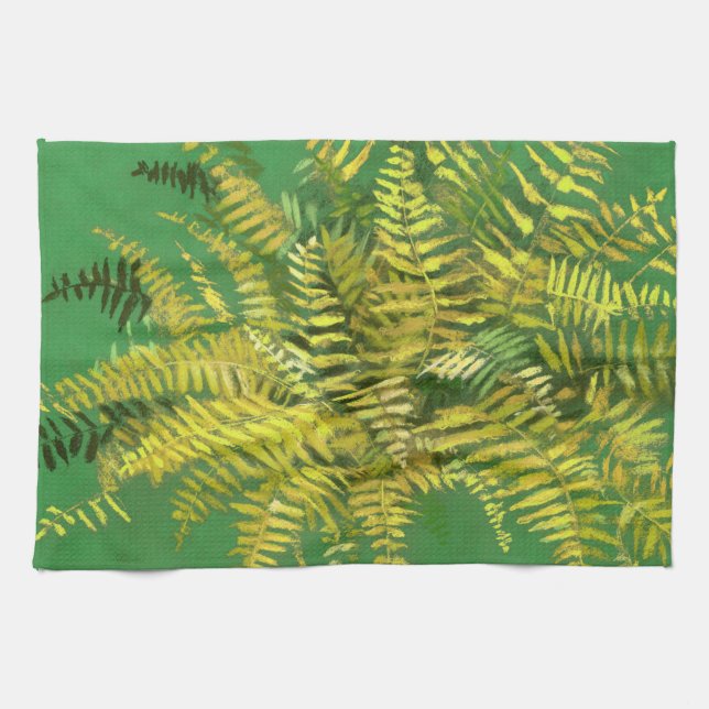 Fern, fronds, floral, green golden yellow greenery tea towel (Horizontal)