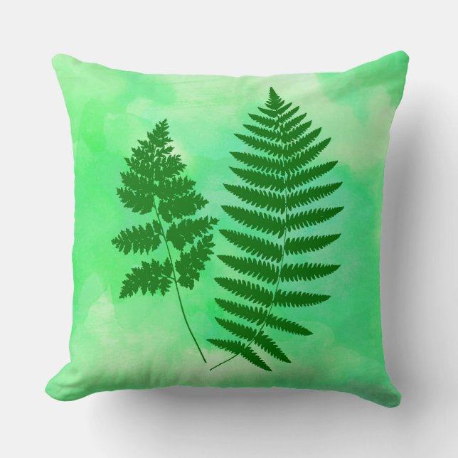 Fern Fronds, Green on a Watercolor Background Cushion (Front)
