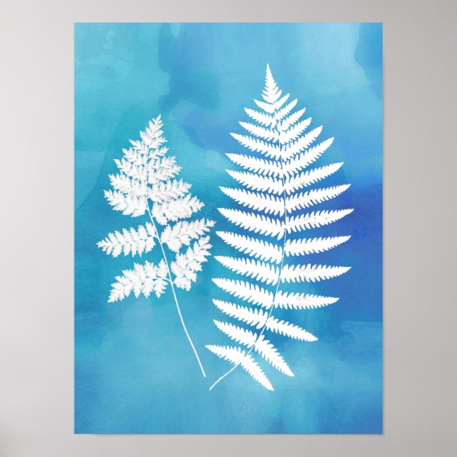 Fern Fronds, White on Blue Watercolor Background Poster (Front)