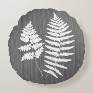 Fern Fronds, White on Charcoal Grey / Grey Round Cushion