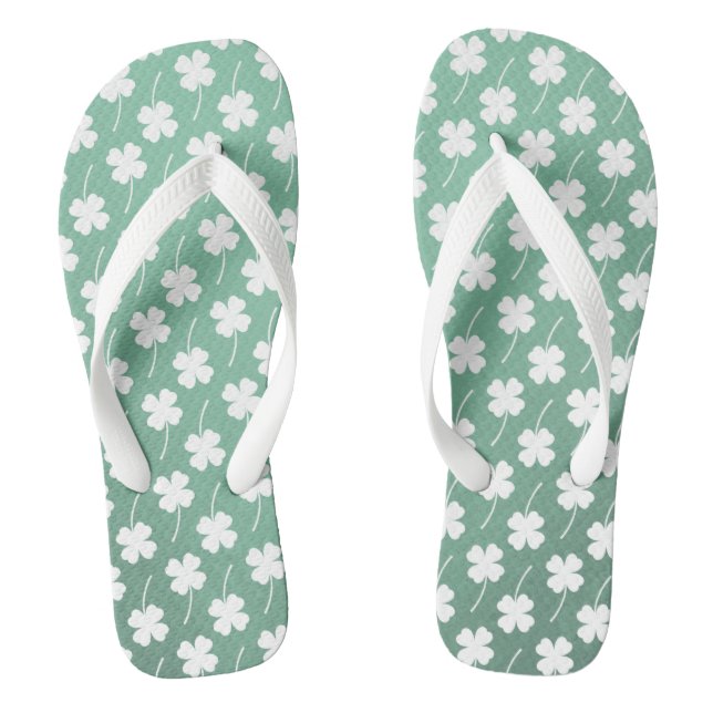 Fern Green White Shamrock Fun Pattern Cute Lucky Flip Flops (Footbed)