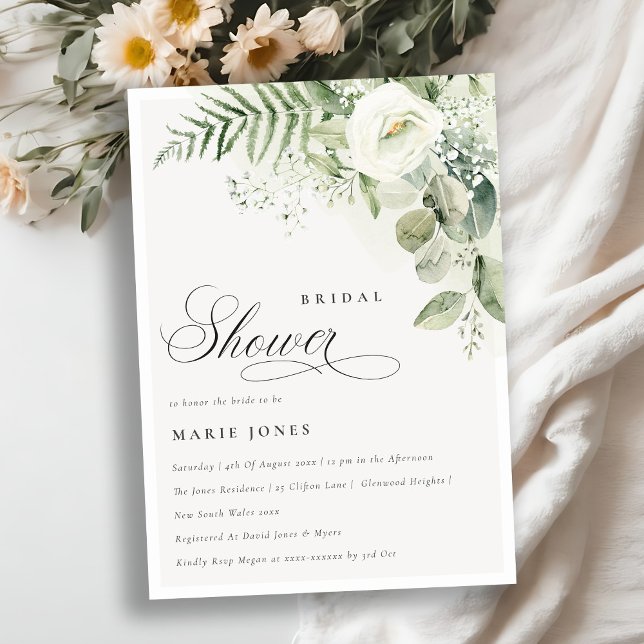 Fern Greenery White Floral Bridal Shower Invite (Creator Uploaded)