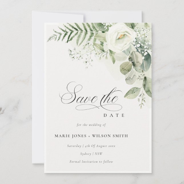 Fern Greenery White Floral Save The Date Invite (Front)