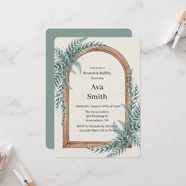 Fern Greenery Wooden Arch Brunch & Bubbly Invitation (Front/Back In Situ)