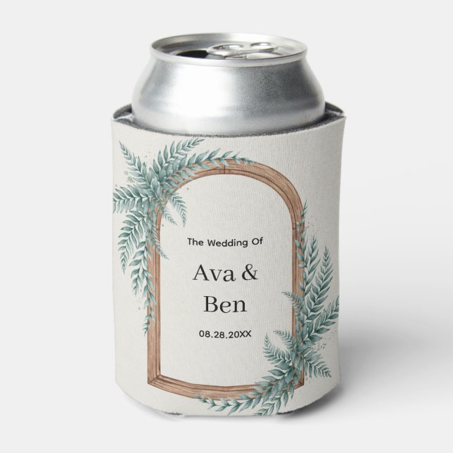 Fern Greenery Wooden Arch Wedding Can Cooler (Can Front)