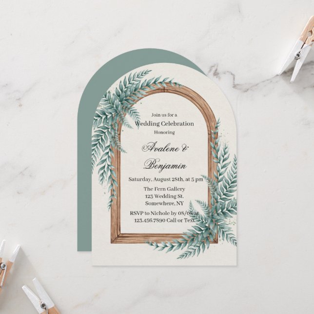 Fern Greenery Wooden Arch Wedding Celebration Invitation (Front/Back In Situ)