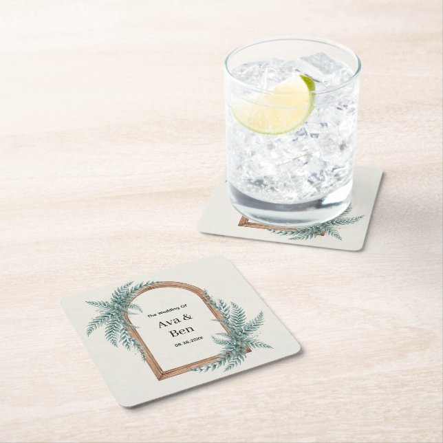 Fern Greenery Wooden Arch Wedding Square Paper Coaster (Insitu)