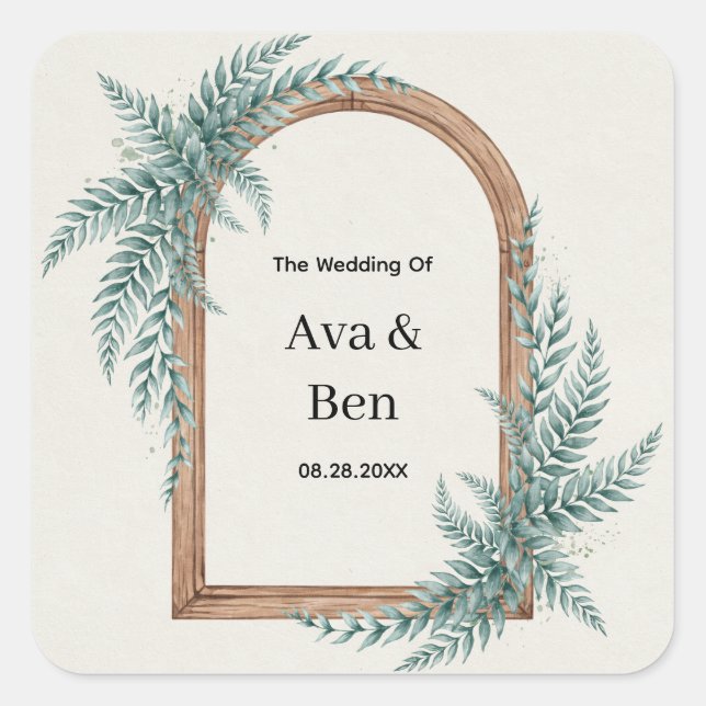 Fern Greenery Wooden Arch Wedding Square Sticker (Front)