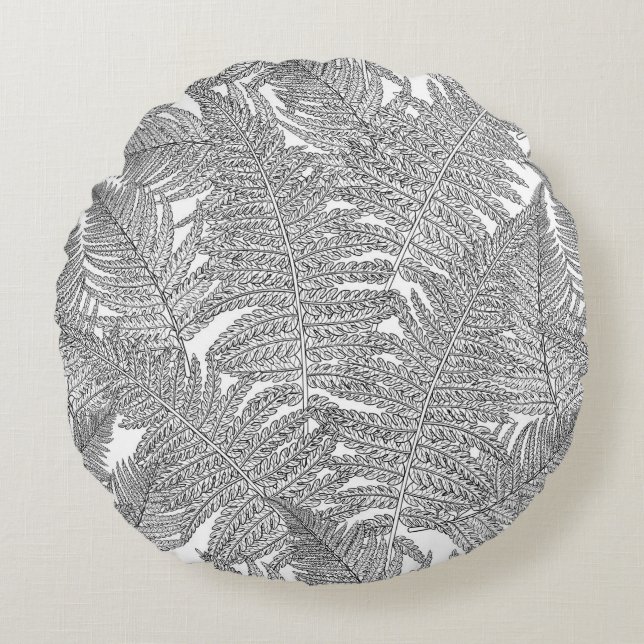Fern in black and white round cushion (Front)