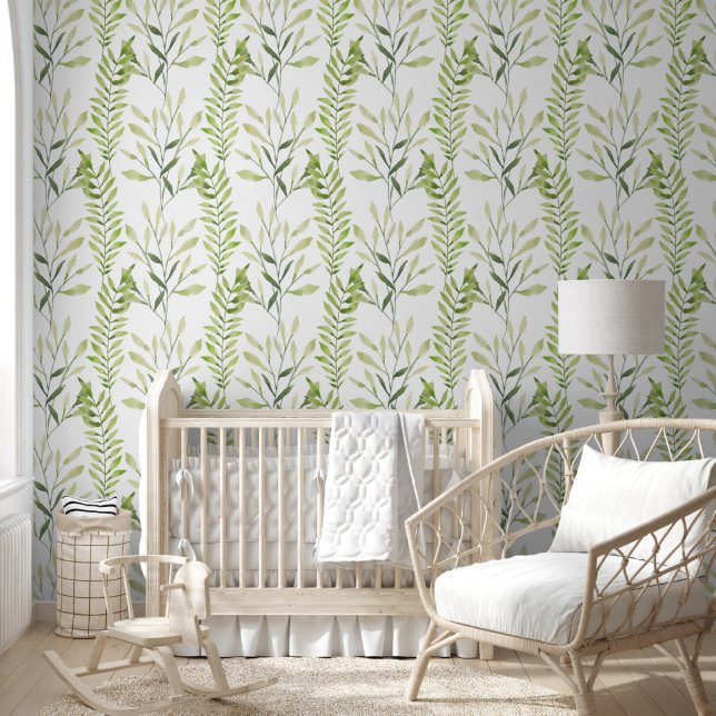 Fern Leaf Botanical Green and White Peel and Stick Wallpaper (Kids)