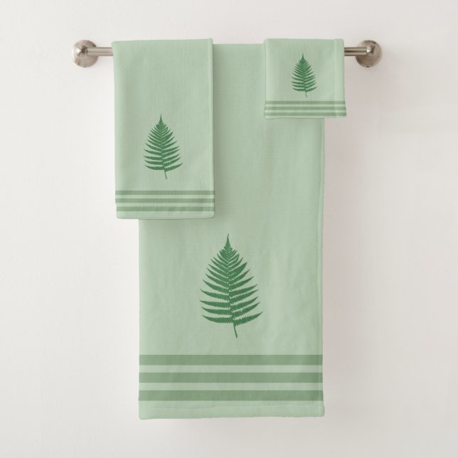 Fern Leaf & Three Stripes on Light Laurel Green  Bath Towel Set (Insitu)