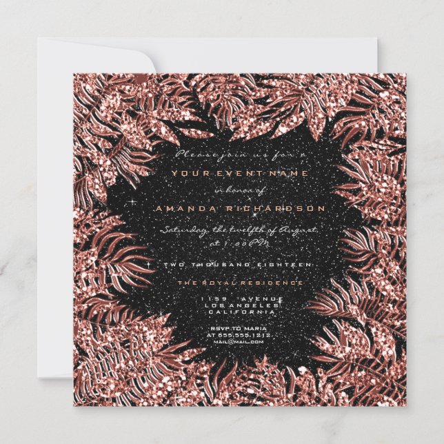 Fern Leafs Frame Rose Gold Copper Black Glitter Invitation (Front)