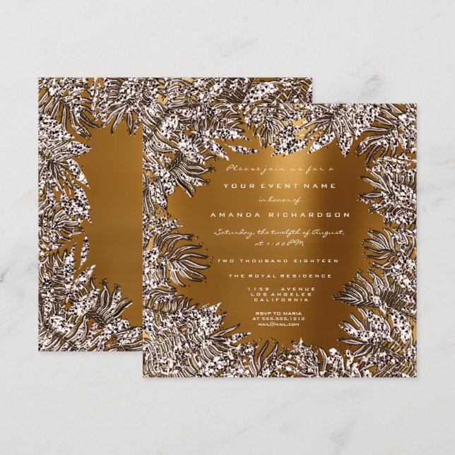 Fern Leafs Framed Crystals Ivory Honey Gold Invitation (Front/Back)