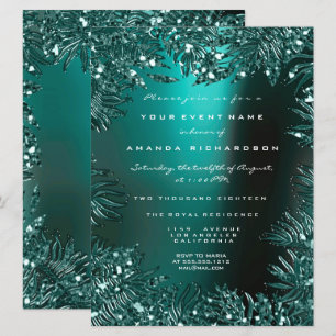 Fern Leafs Framed Crystals Teal Aquatic Formal Invitation