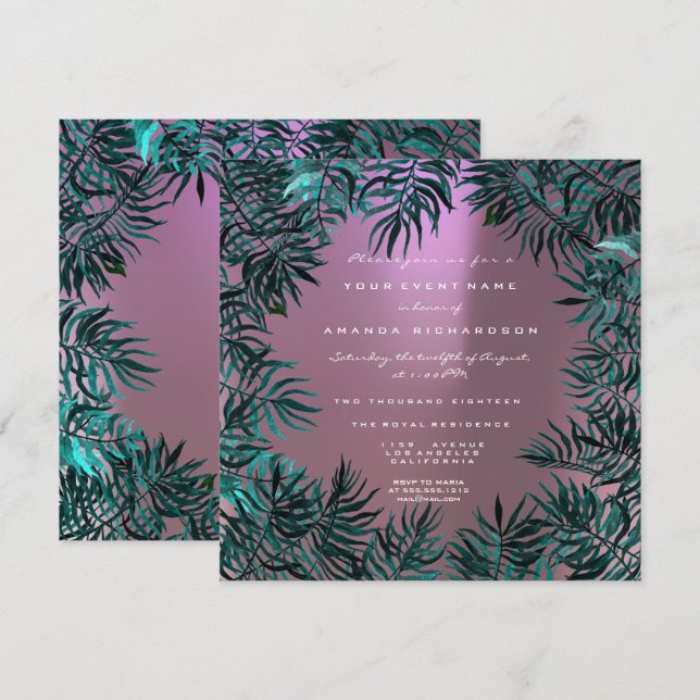 Fern Leafs Framed Crystals Teal Aquatic Green Pink Invitation (Front/Back)