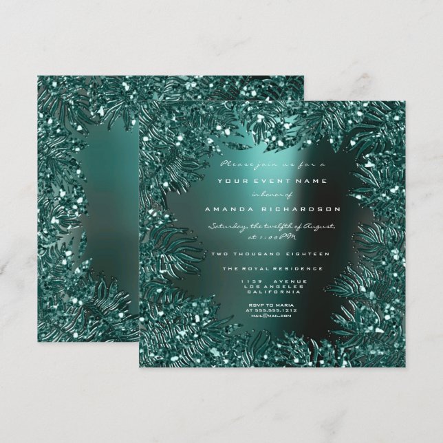 Fern Leafs Framed Crystals Teal Aquatic Luxury Invitation (Front/Back)
