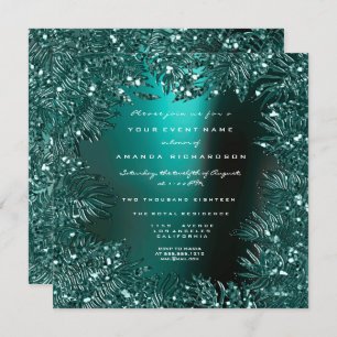 Fern Leafs Framed Crystals Teal Aquatic Luxury Invitation