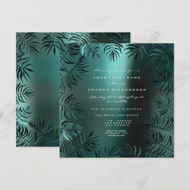 Fern Leafs Framed Crystals Teal Aquatic Luxury VIP Invitation (Front/Back)