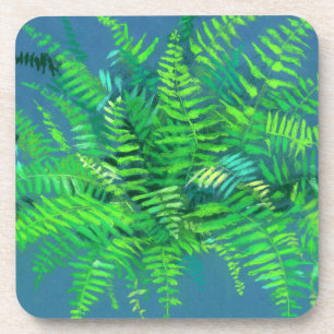 Fern leaves, floral design, greenery, blue & green coaster