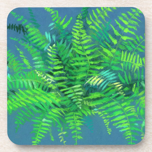 Fern leaves, floral design, greenery, blue & green coaster (Front)