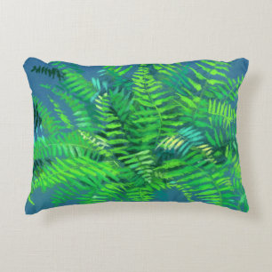 Fern leaves, floral design, greenery, blue & green decorative cushion