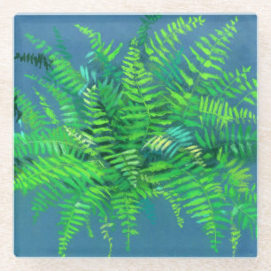 Fern leaves, floral design, greenery, blue & green glass coaster