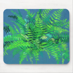 Fern leaves, floral design, greenery, blue & green mouse mat