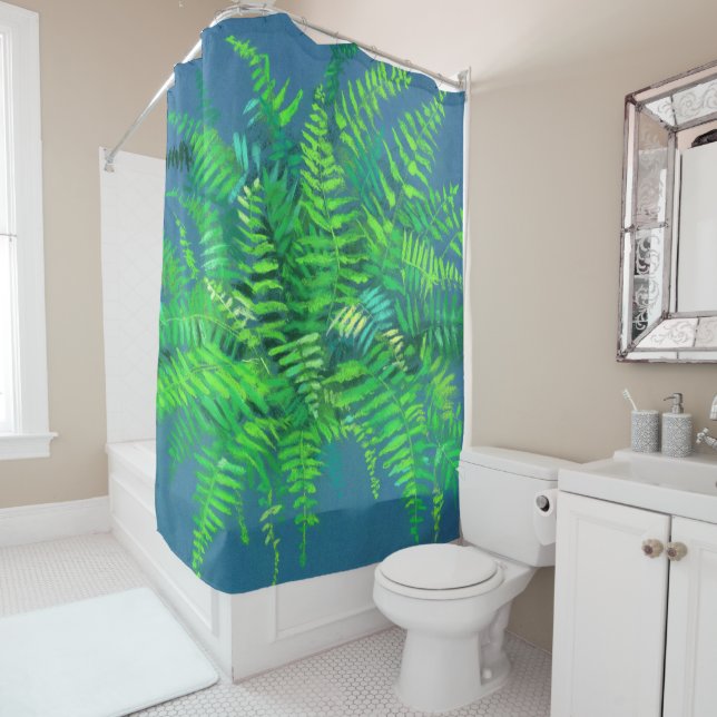 Fern leaves, floral design, greenery, blue & green shower curtain (In Situ)