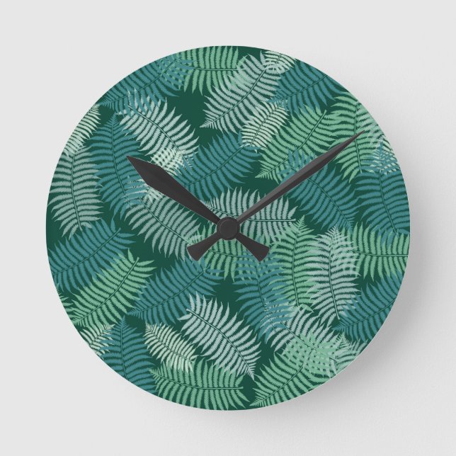Fern leaves pattern on dark green round clock (Front)