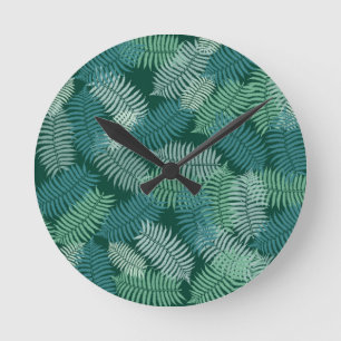 Fern leaves pattern on dark green round clock