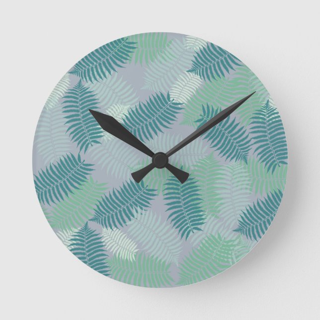 fern leaves pattern on light grey round clock (Front)