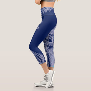 Fern Leaves Texture Sketch White Blue Capri Leggings