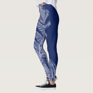 Fern Leaves Texture Sketch White Blue Leggings