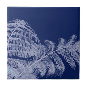 Fern Leaves Texture Sketch White Blue Tile