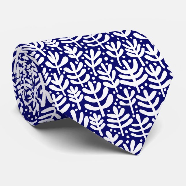 Fern Pattern - White on Deep Navy Tie (Rolled)