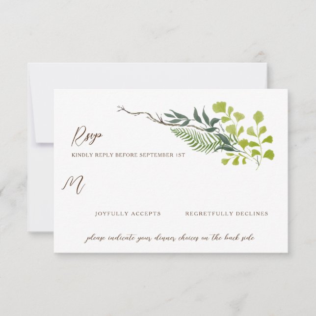 Fern Pepper Tree Leaves Garden Wedding RSVP Card (Front)